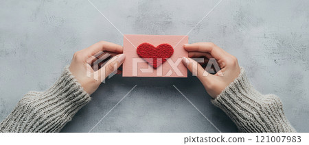 close up of hands holding Valentine card with heart design, expressing love 121007983