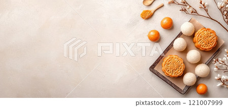 Traditional Chinese snacks including mooncakes and rice balls on tray 121007999