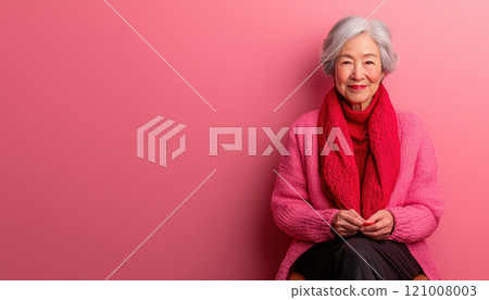 grandmother knitting red scarf, radiating warmth and love 121008003