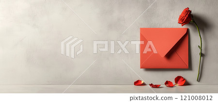 minimalist flat lay featuring red envelope, rose, and petals evokes romance 121008012