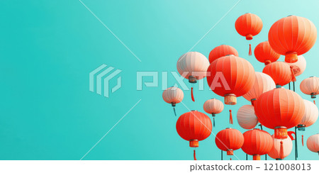 Bright red lanterns against turquoise background create festive atmosphere 121008013
