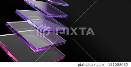 Abstract 3d black background wallpaper with glass square layer effect and holographic gradient render. Rainbow crystal transparent plates, panels or window frames, digital tech banner. 3D illustration Abstract 3d black background wallpaper with glass square layer effect and holographic gradient render. Rainbow crystal transparent plates, panels or window frames, digital tech banner. 3D illustration 121008085