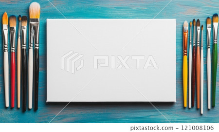 Art supplies with canvas and paintbrushes on a colorful background. Art supplies with canvas and paintbrushes on a colorful background. 121008106