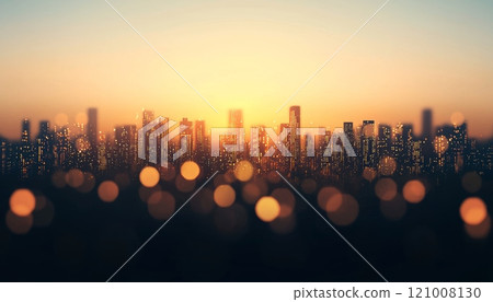 City skyline silhouette at sunset with bokeh effect and warm colors. 121008130