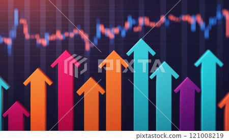 Colorful upward arrows indicating growth on a dark background. 121008219