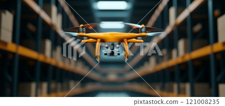 Drone flying in a warehouse with shelves, modern technology in logistics. Drone flying in a warehouse with shelves, modern technology in logistics. 121008235