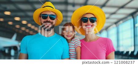 Family enjoying vacation at airport, smiling, wearing hats and sunglasses, bright colors. 121008237