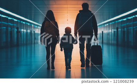 Family silhouette walking in an airport hallway with luggage, soft light background. 121008239