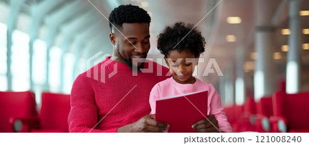 Father and daughter enjoying time together in a modern airport setting. 121008240