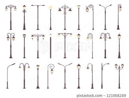 Urban street lamps. Outdoor urban lights elements, retro modern light for city or town sidewalk. Decorative lightning landscape, racy vector collection 121008289