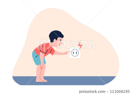 Child play with electric socket. Boy stretch finger to dangerous electricity object at home. Kid danger playing situation, flat recent vector scene 121008295