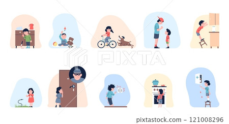 Kids play with dangerous objects. Various risk and unsafe situation. Dangers for children outdoor and indoor. Playing with fire and knife, recent vector scenes Kids play with dangerous objects. Various risk and unsafe situation. Dangers for children outdoor and indoor. Playing with fire and knife, recent vector scenes 121008296
