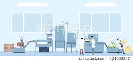Juice production at factory. Manufacture workers working with fresh fruits and products. Carry boxes, set up equipment. Food recent vector scene 121008297