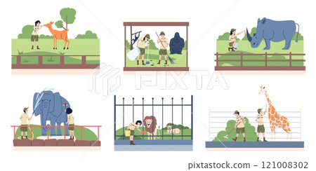 Zoologist characters. Zoologists working with animals, zoo workers feeding, cleaning, washing lion elephant giraffe. Natura researches, recent vector scenes 121008302