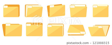 Yellow paper folder. Data storage symbols, files documents organize. Isolated empty and full folders, business office management nowaday vector elements 121008315