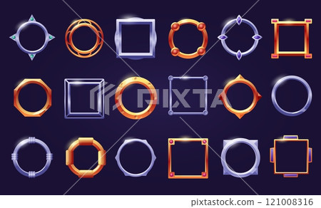 Avatars frames set. Gold silver frame, round square metal game assets. User interface elements for app or game, decorative nowaday vector kit 121008316
