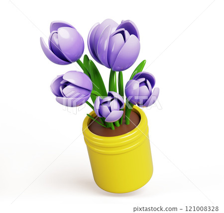 3d flower bouquet in pot. Spring purple tulips, cute house plant in yellow flowerpot for gift or home interior decor. Floral bunch with green leaf and blossom, cartoon render icon. 3D illustration 121008328