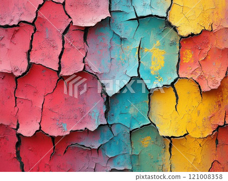 Vibrant cracked texture with multicolored layers, abstract patterns in dried paint, cracked surface 121008358
