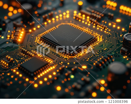 Close-up of glowing circuit board with microchips and electronic components 121008396