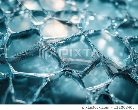 Abstract macro ice surface, cracked glass texture and reflections in blue light, 121008403