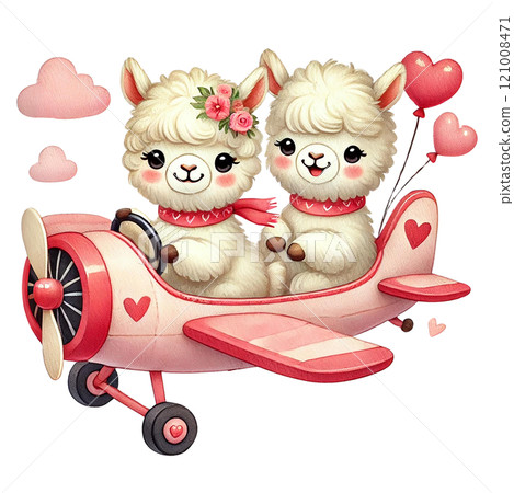 Adorable cartoon llamas flying a pink plane surrounded by hearts. Happy Valentine's day. 121008471