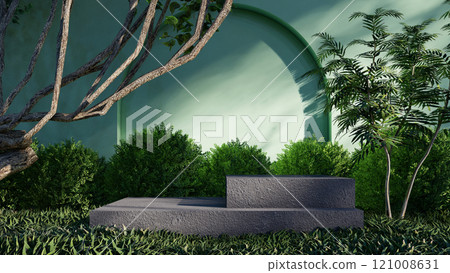nature background product forest empty green natural display podium cosmetic. beauty platform summer pedestal stage stand outdoor texture plant tropical. tree stone leaf garden promotion fresh mockup 121008631