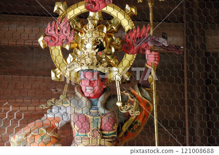 The statues of the four heavenly kings in the Sanmon Gate of the Daihonzan Eiheiji temple near Fukui Japan 121008688