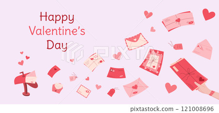 Flat cute valentine's day mail concept, modern style hand sends romantic letter flyer template, trendy craft post card romance design, cartoon handmade envelope template, love postcard background. Flat cute valentine's day mail concept, modern style hand sends romantic letter flyer template, trendy craft post card romance design, cartoon handmade envelope template, love postcard background. 121008696