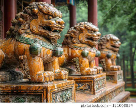 Stone guardian lion statue garden nature texture protection mythology tradition culture 121008834