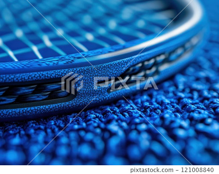 Tennis racket closeup with strings and grip, sport equipment activity leisure net game design 121008840