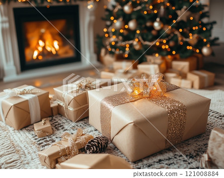 Holiday warmth hearth tree glowing presents fireplace magic interior tranquil Holiday warmth hearth tree glowing presents fireplace magic interior tranquil 121008884