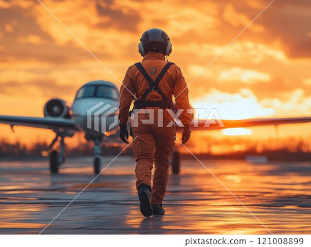 Pilot walking towards airplane, flight suit and helmet, silhouette against sunrise, ready for takeoff 121008899