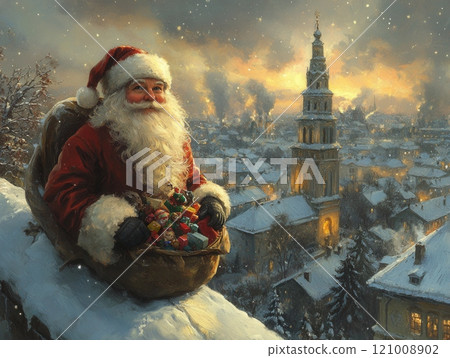 Santa Claus with a sack full of toys, snowy rooftop, chimney, starry night, magical feeling 121008902
