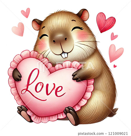Cute cartoon animal embracing a heart with love symbols around. Animal cartoon character. Cute cartoon animal embracing a heart with love symbols around. Animal cartoon character. 121009021