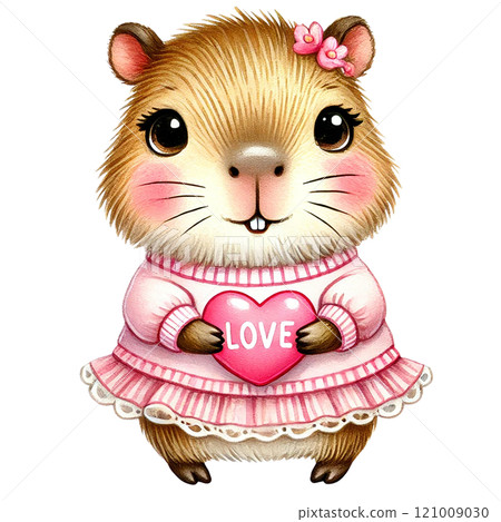 Cute guinea pig holding a heart signifying love and affection. Animal cartoon character. 121009030