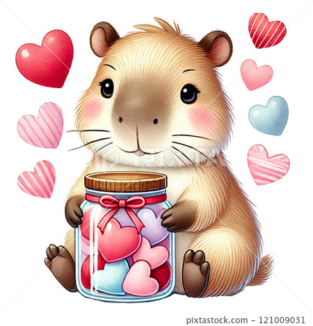 Cute guinea pig holding a jar of hearts, surrounded by love. Animal cartoon character. 121009031