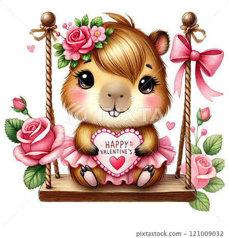 Cute guinea pig holding a love heart on a swing. Animal cartoon character. 121009032
