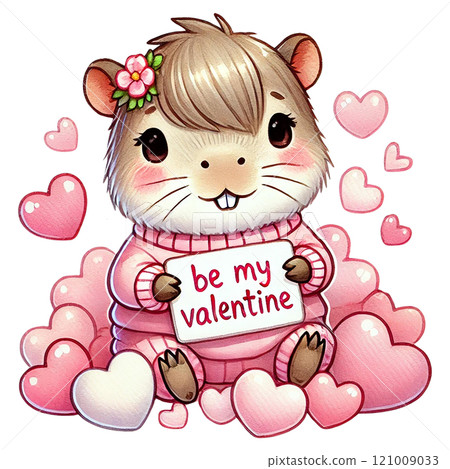 Cute guinea pig holding a valentine sign surrounded by hearts. Animal cartoon character. 121009033