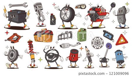 Retro cartoon groovy car spare part and tool characters, vector funky comic. Groovy funny car engine with cheerful face, silly gear with freaky smile and happy tire wheel with wrench emoji character Retro cartoon groovy car spare part and tool characters, vector funky comic. Groovy funny car engine with cheerful face, silly gear with freaky smile and happy tire wheel with wrench emoji character 121009096