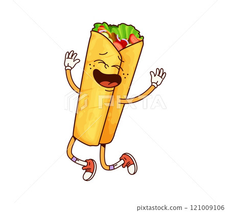 Fastfood groovy shawerma happy smiling character. Street menu shawerma or doner wrap funny funky character, durum or kebab cartoon isolated vector personage. Takeaway fast food cafe meal cute mascot Fastfood groovy shawerma happy smiling character. Street menu shawerma or doner wrap funny funky character, durum or kebab cartoon isolated vector personage. Takeaway fast food cafe meal cute mascot 121009106