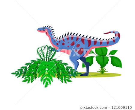 Alectrosaurus cartoon prehistoric dinosaur character. Isolated vector colorful dino in vibrant blue with red spots at lush landscape with ferns and plants. Vivid and playful prehistoric jurassic scene 121009110