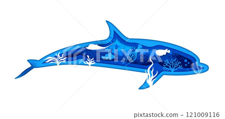 Dolphin silhouette with underwater landscape and sea fishes, vector paper cut. Undersea animals and ocean coral reef fishes, stingray with squid, fugu and clownfish in paper cut silhouette of dolphin Dolphin silhouette with underwater landscape and sea fishes, vector paper cut. Undersea animals and ocean coral reef fishes, stingray with squid, fugu and clownfish in paper cut silhouette of dolphin 121009116