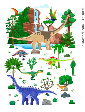 Prehistoric dinosaur characters set in lush landscape with waterfalls and abundant greenery. Cartoon vector dino species tapejara, paralititan, quetzalcoatlus, hypselosaurus, velociraptor, allosaurus Prehistoric dinosaur characters set in lush landscape with waterfalls and abundant greenery. Cartoon vector dino species tapejara, paralititan, quetzalcoatlus, hypselosaurus, velociraptor, allosaurus 121009122