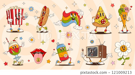 Cartoon groovy characters of funny fast food and drink. Retro psychedelic personages of hippie rainbow, daisy flowers and smile lips with tongue. Vintage groovy pizza, hot dog, ice cream and soda can Cartoon groovy characters of funny fast food and drink. Retro psychedelic personages of hippie rainbow, daisy flowers and smile lips with tongue. Vintage groovy pizza, hot dog, ice cream and soda can 121009213