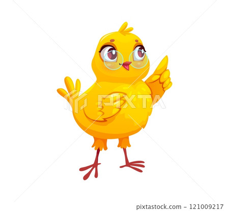 Cartoon baby chick happy character wearing glasses. Farm baby hen cheerful character, spring newborn chick animal or Easter holiday chicken happy vector mascot. Farm small baby animal cute personage Cartoon baby chick happy character wearing glasses. Farm baby hen cheerful character, spring newborn chick animal or Easter holiday chicken happy vector mascot. Farm small baby animal cute personage 121009217