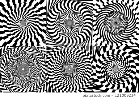 Psychedelic hypnotic spiral pattern, hypnosis swirls vector backgrounds set. Optical illusion monochrome patterns with vertigo twirl texture. Black white abstract geometric motif of hypnotic swirls Psychedelic hypnotic spiral pattern, hypnosis swirls vector backgrounds set. Optical illusion monochrome patterns with vertigo twirl texture. Black white abstract geometric motif of hypnotic swirls 121009234