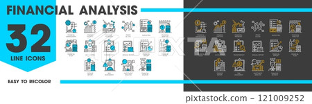 Line icons of financial analysis, accounting, tax revenue and budget. Business, investment and finance vector outline symbols with financial analysis report graphs, profit and risk assessments charts 121009252