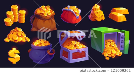 Gold game asset. Golden coins, treasure and nuggets. Cartoon vector gold my and wealth in stacks, pile, bag, purse, bars, cauldron, treasure chest, safe with coins spilling out, and a dollar sign 121009261