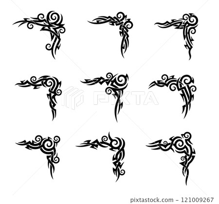 Celtic or Maori tribal tattoo with Polynesian or Hawaiian pattern ornament, vector art design. Abstract tribal tattoo set of intricate sharp thorn line in Maori or Celtic tribal design or modern style Celtic or Maori tribal tattoo with Polynesian or Hawaiian pattern ornament, vector art design. Abstract tribal tattoo set of intricate sharp thorn line in Maori or Celtic tribal design or modern style 121009267