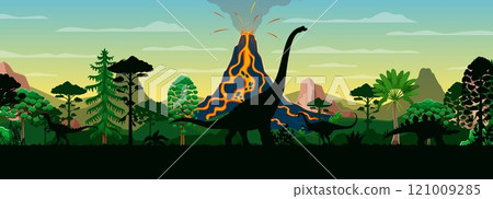 Prehistoric dinosaurs silhouettes at volcano landscape in Jurassic era forest, vector background. Giant lizards and dinosaur reptile silhouettes in jungle with volcano eruption for paleontology museum 121009285